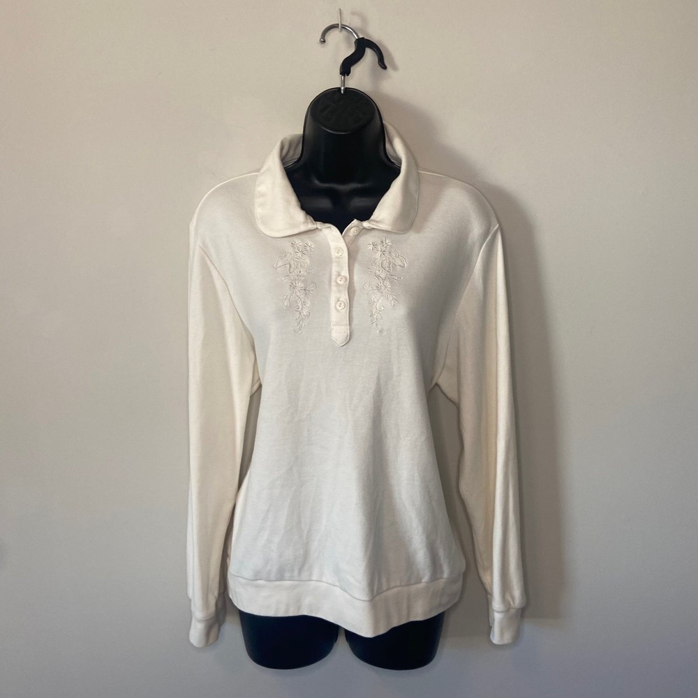 Cream Cottagecore Grandmacore Floral Henley Sweater Size Large Vintage LSF Vibe